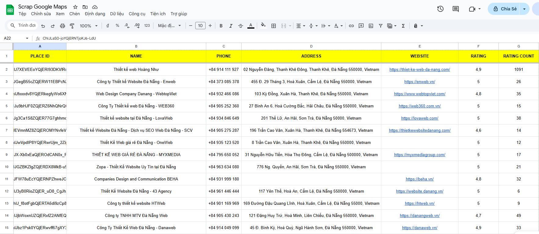 Kết quả sử dụng Google Maps Scraper cào data Google Map