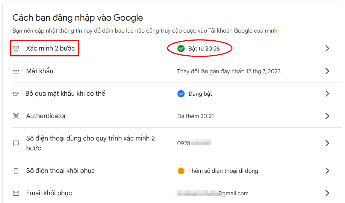 Đã bật xác minh 2 bước thành công