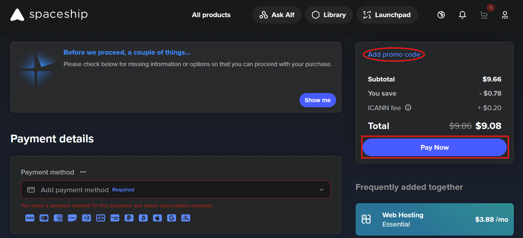 Thanh toán đơn hàng để mua tên miền tại Spaceship