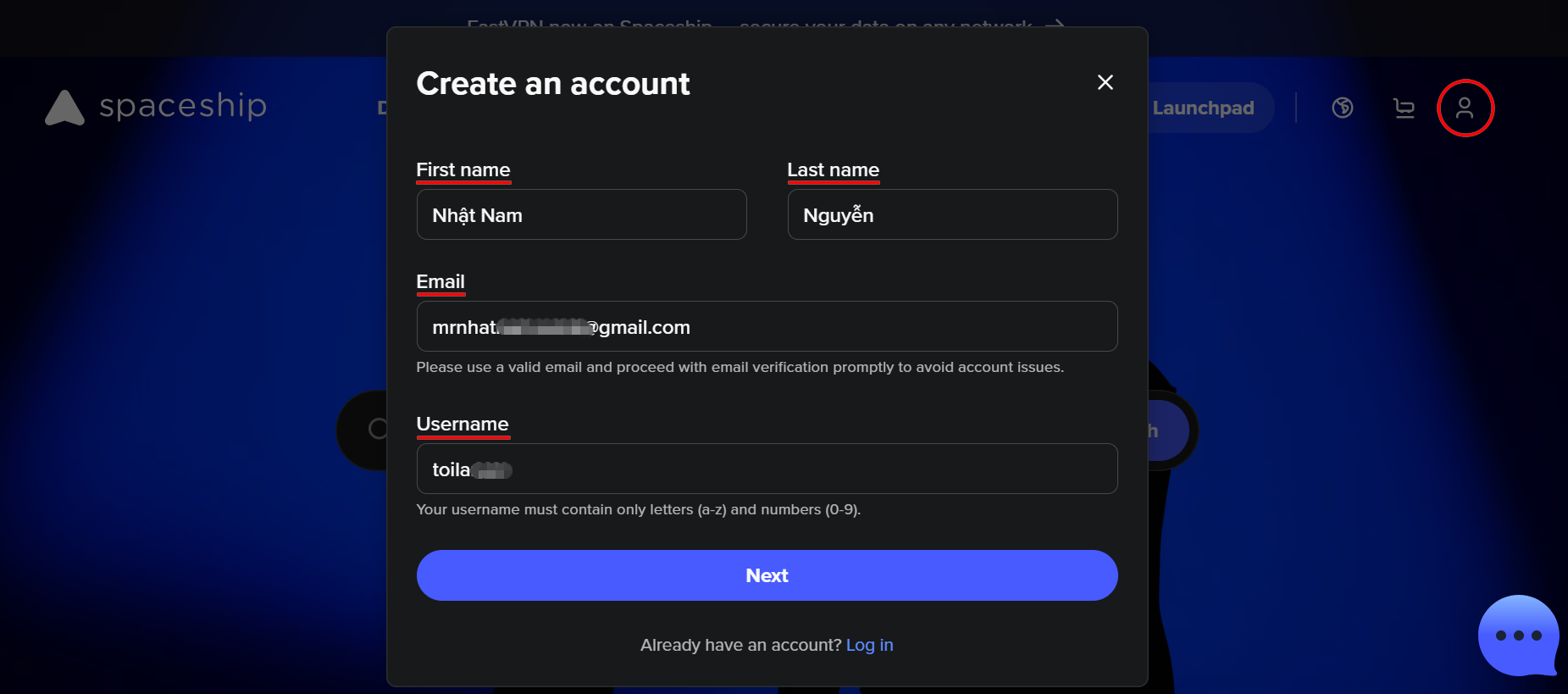 Đăng ký tài khoản tại Spaceship