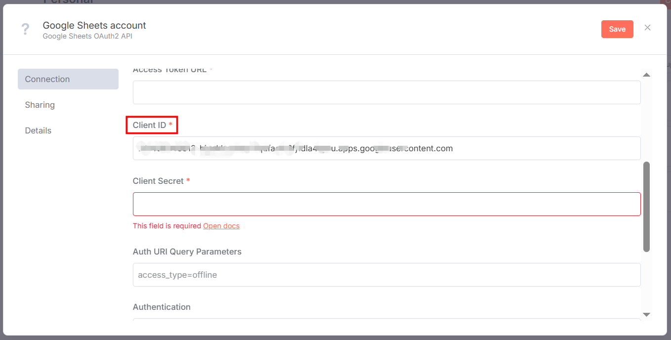 Copy mã Client ID dán vào mục Client ID trong n8n