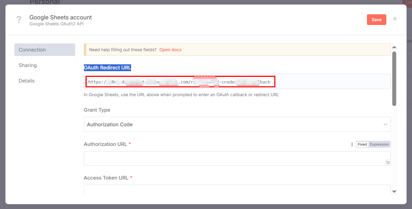 Copy phần OAuth Redirect URL trong n8n