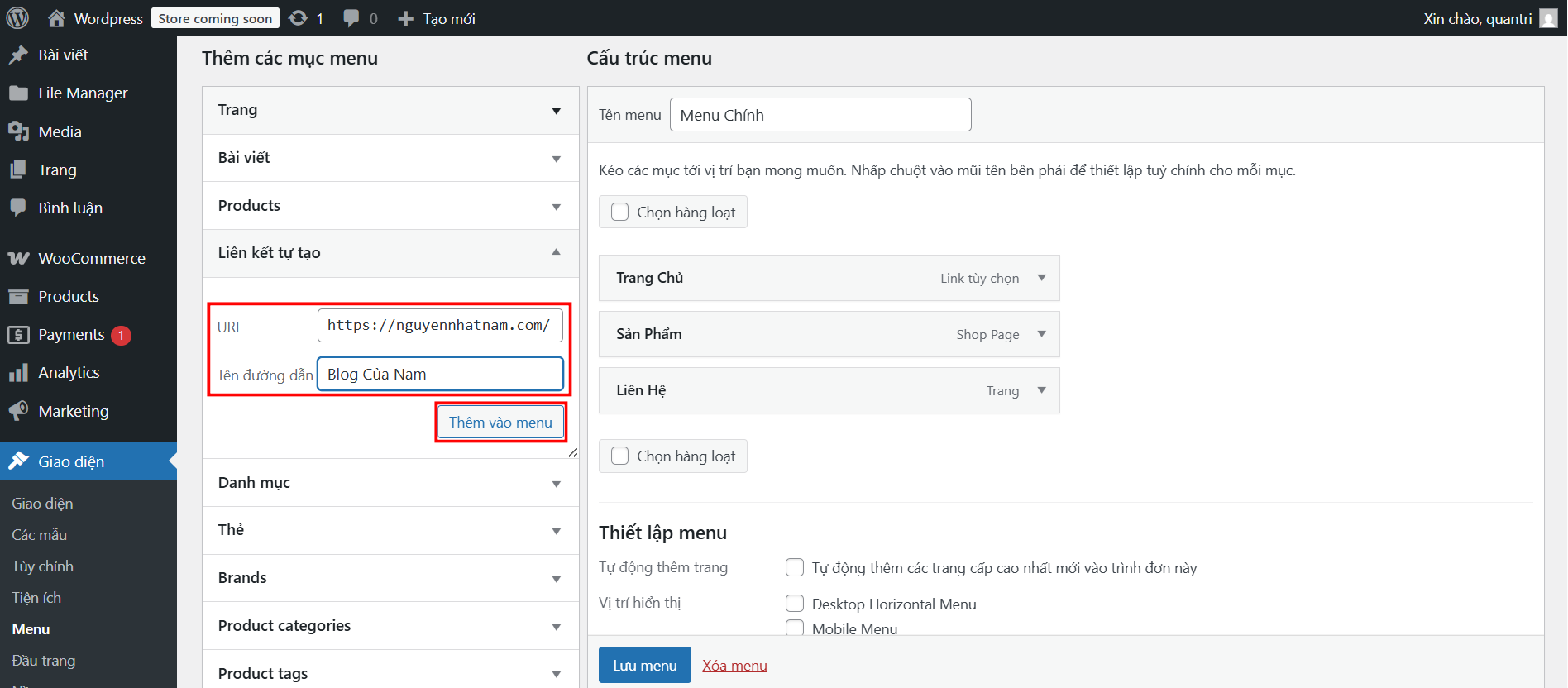 Tạo menu trong website WordPress