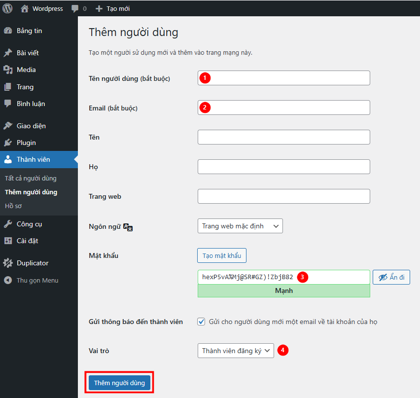 Các bước tạo user mới trong website WordPress