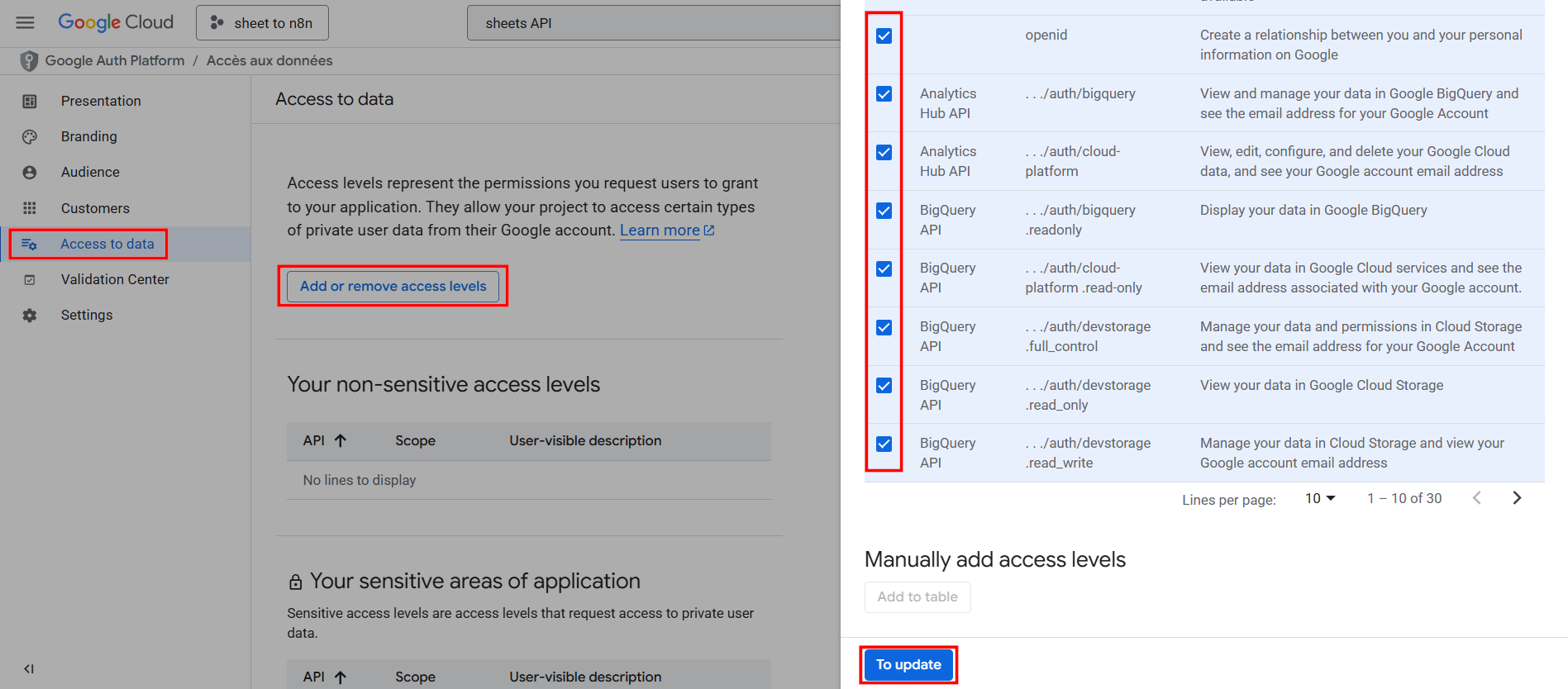 Tíck chọn hết các mục trong phần Access to data