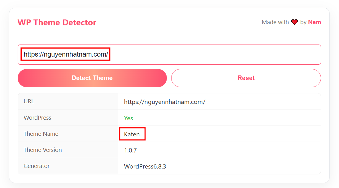 Tool đã check ra mình đang sử dụng theme Katen