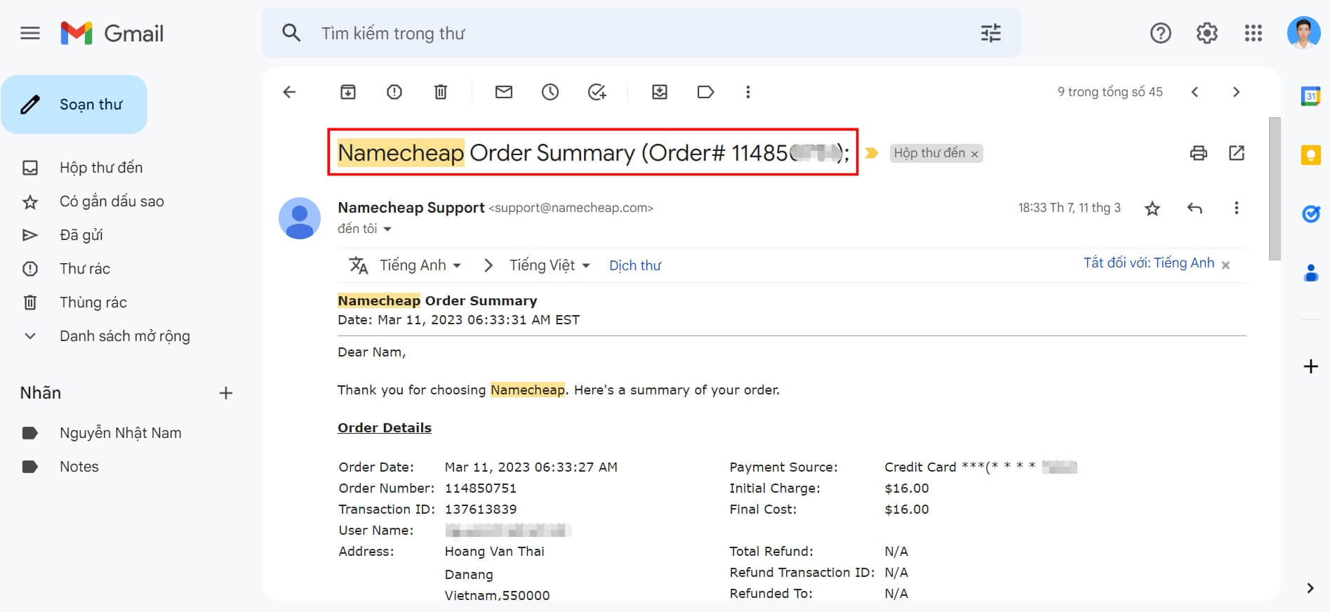 Đăng ký tên miền tại Namecheap thành công