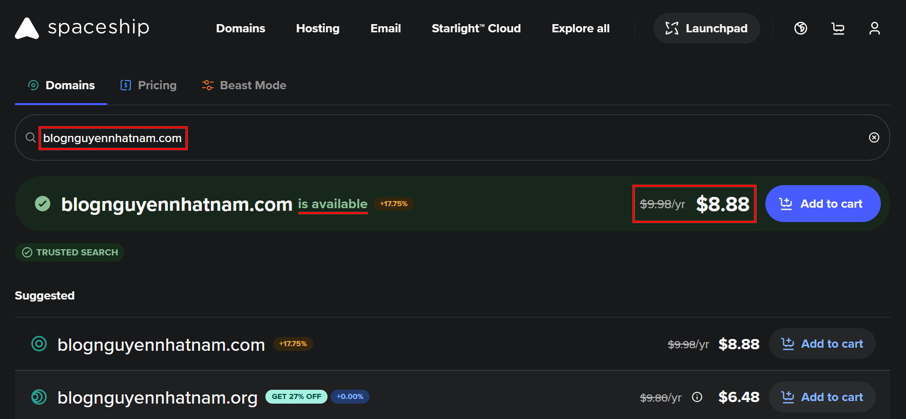 Tên miền .com tại Spaceship chỉ từ 8$ (~ 200k/năm)