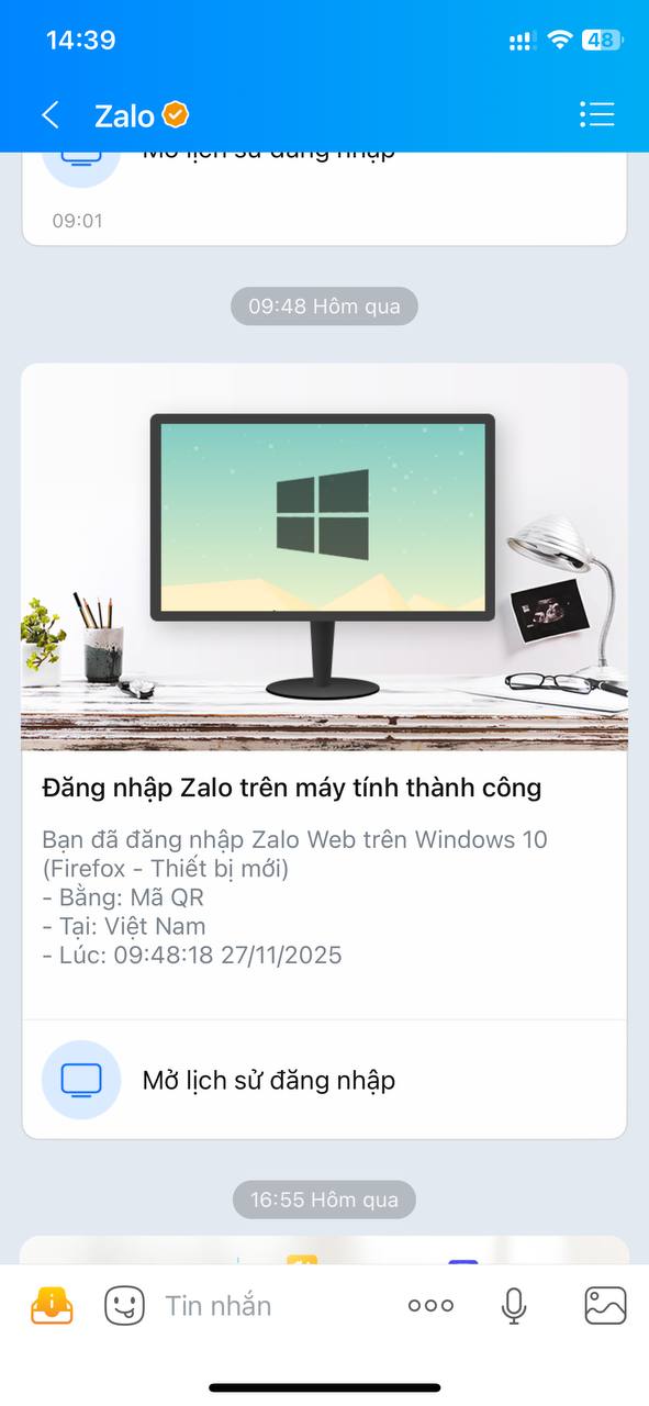 Thông báo đăng nhập trên máy tính thành công