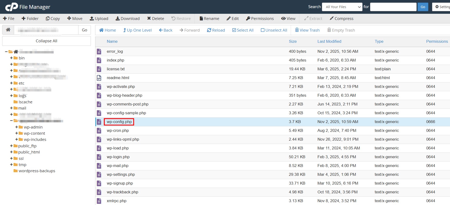 File wp-config.php nằm cùng cấp với wp-content