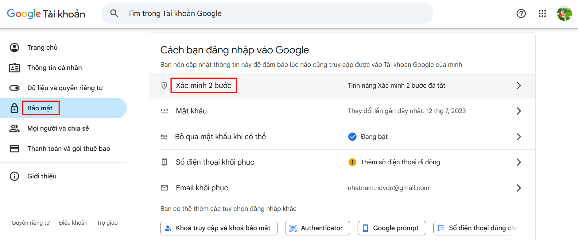 Cách bật xác minh 2 bước cho tài khoản Google