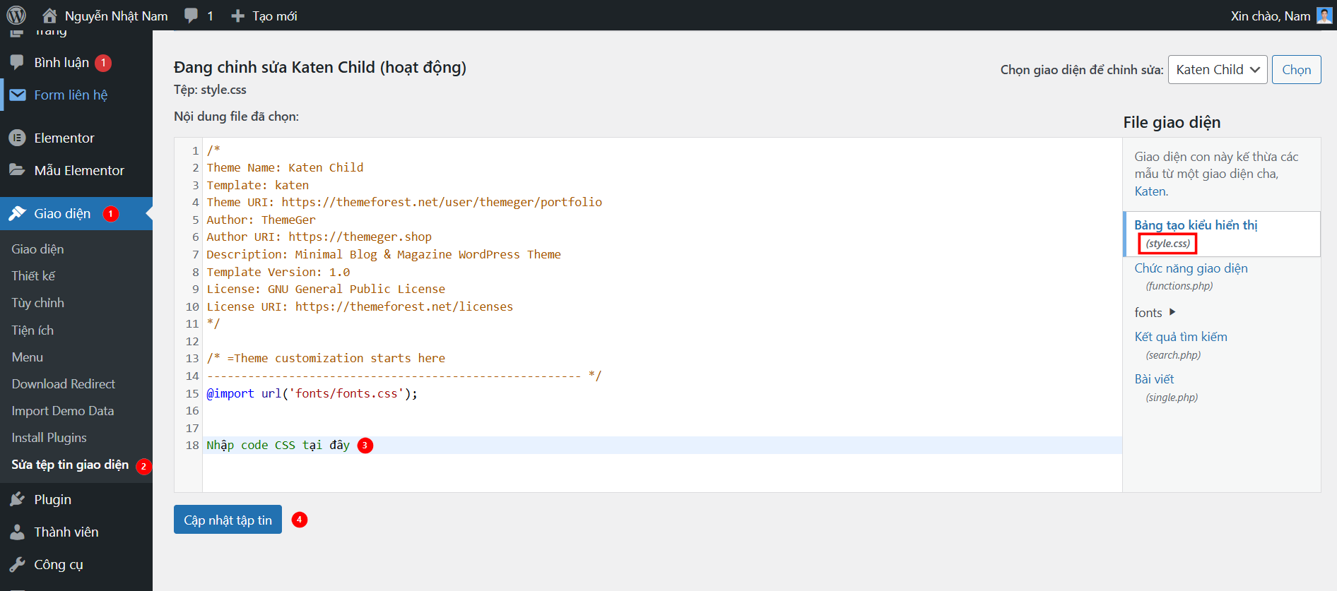 Hướng dẫn chèn code CSS bằng Theme Editor