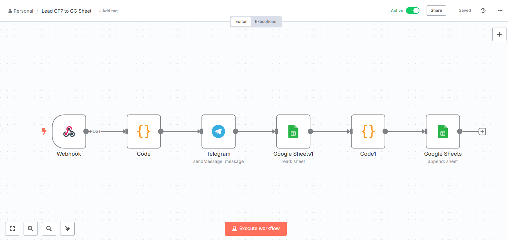 Workflow n8n kết nối Contact Form 7 to GG Sheet