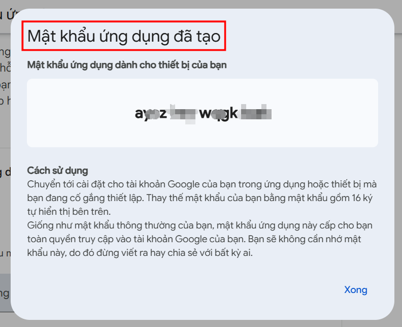 Mật khẩu ứng dụng đã được tạo thành công