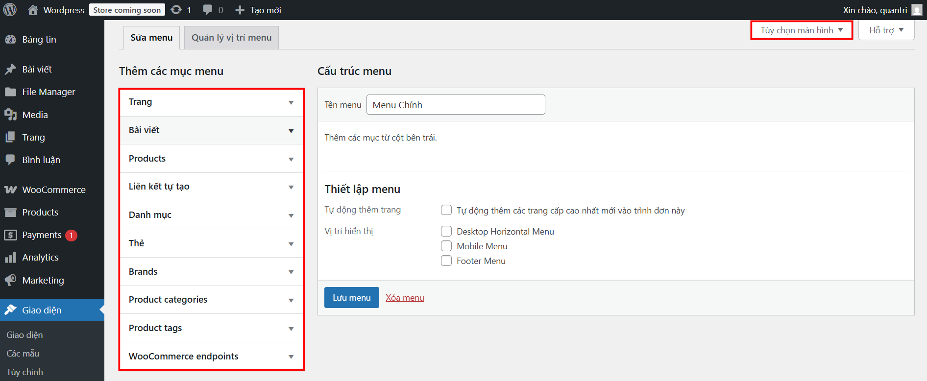 Hiển thị đầy đủ các mục để thêm vào menu