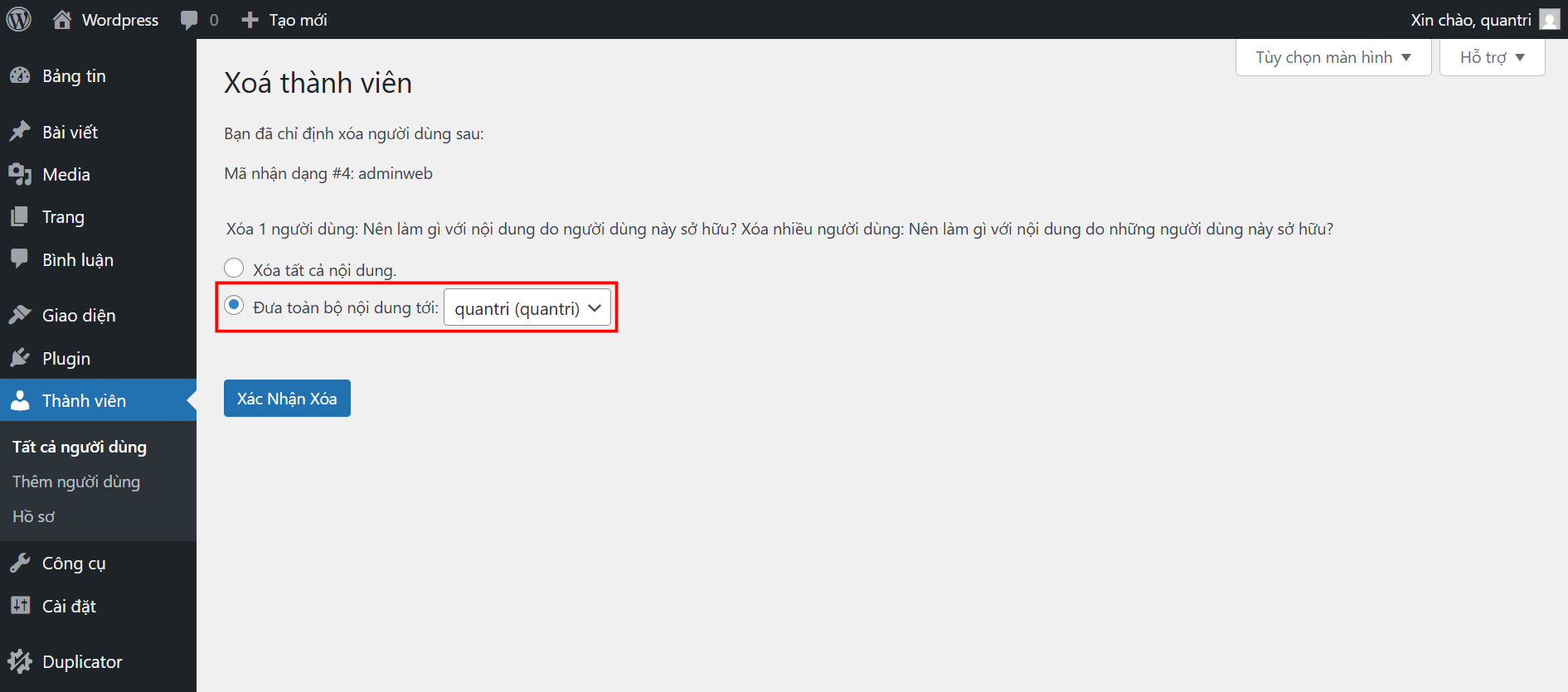 Hướng dẫn cách xoá user trong website WordPress