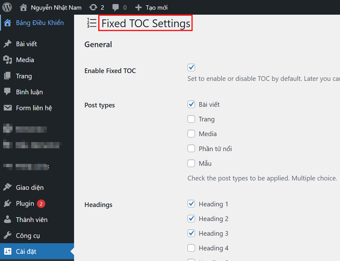 Hướng dẫn cấu hình plugin Fixed TOC tạo mục lục tự động