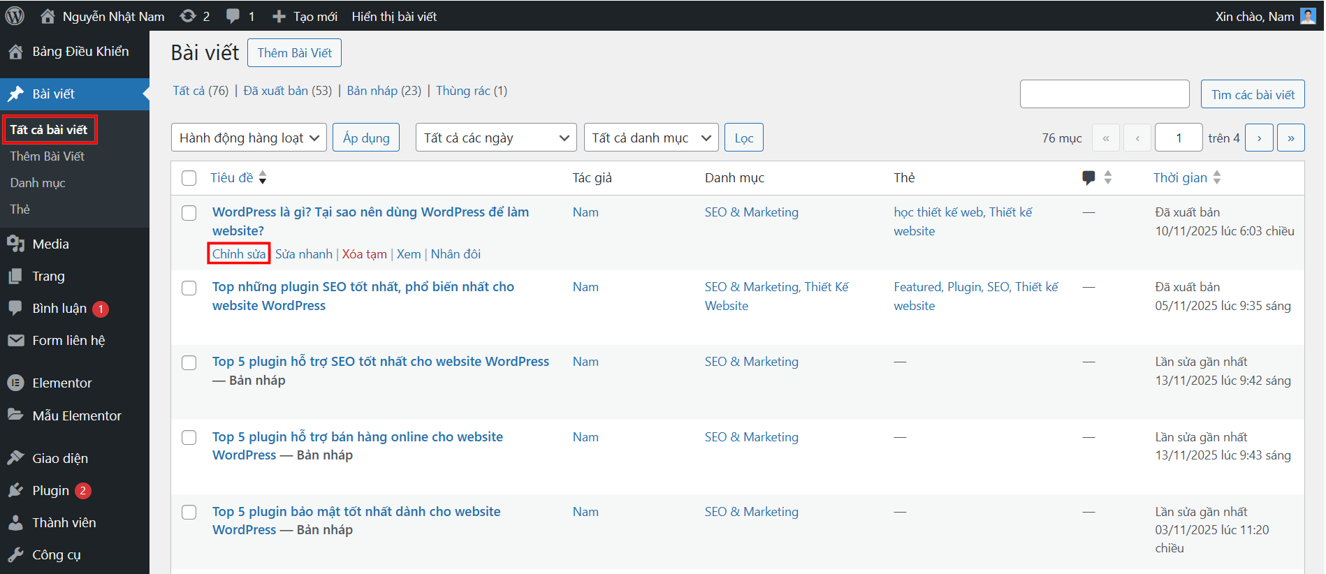 Hướng dẫn chỉnh sửa bài viết trong website WordPress