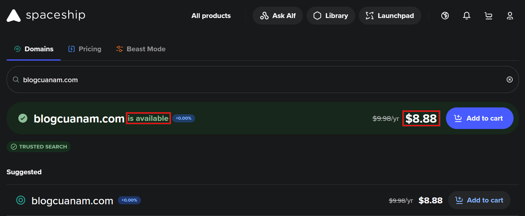 Đăng ký tên miền tại Spaceship giá rẻ, uy tín