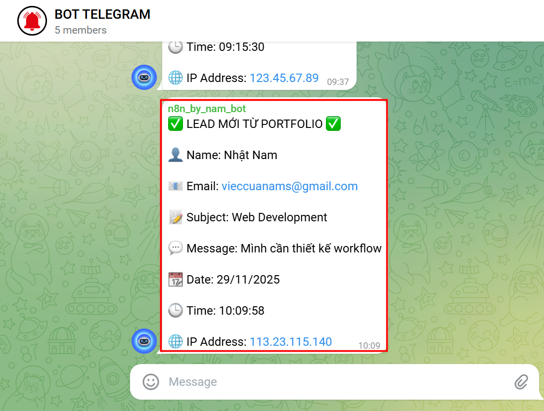 Bot Telegram thông báo ngay khi khách điền form
