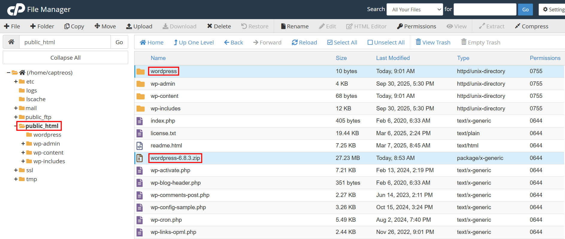 Xoá thư mục wordpress và file .zip trong public_html