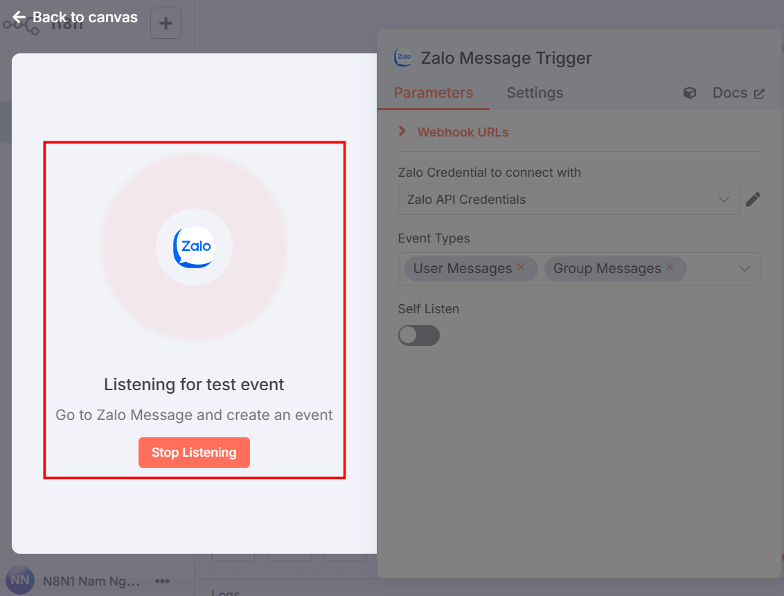 Test thử Trigger Zalo trong n8n