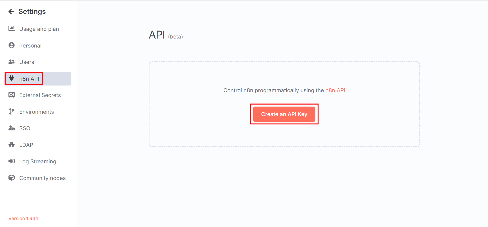Vào Settings > n8n API > Click Create an API Key
