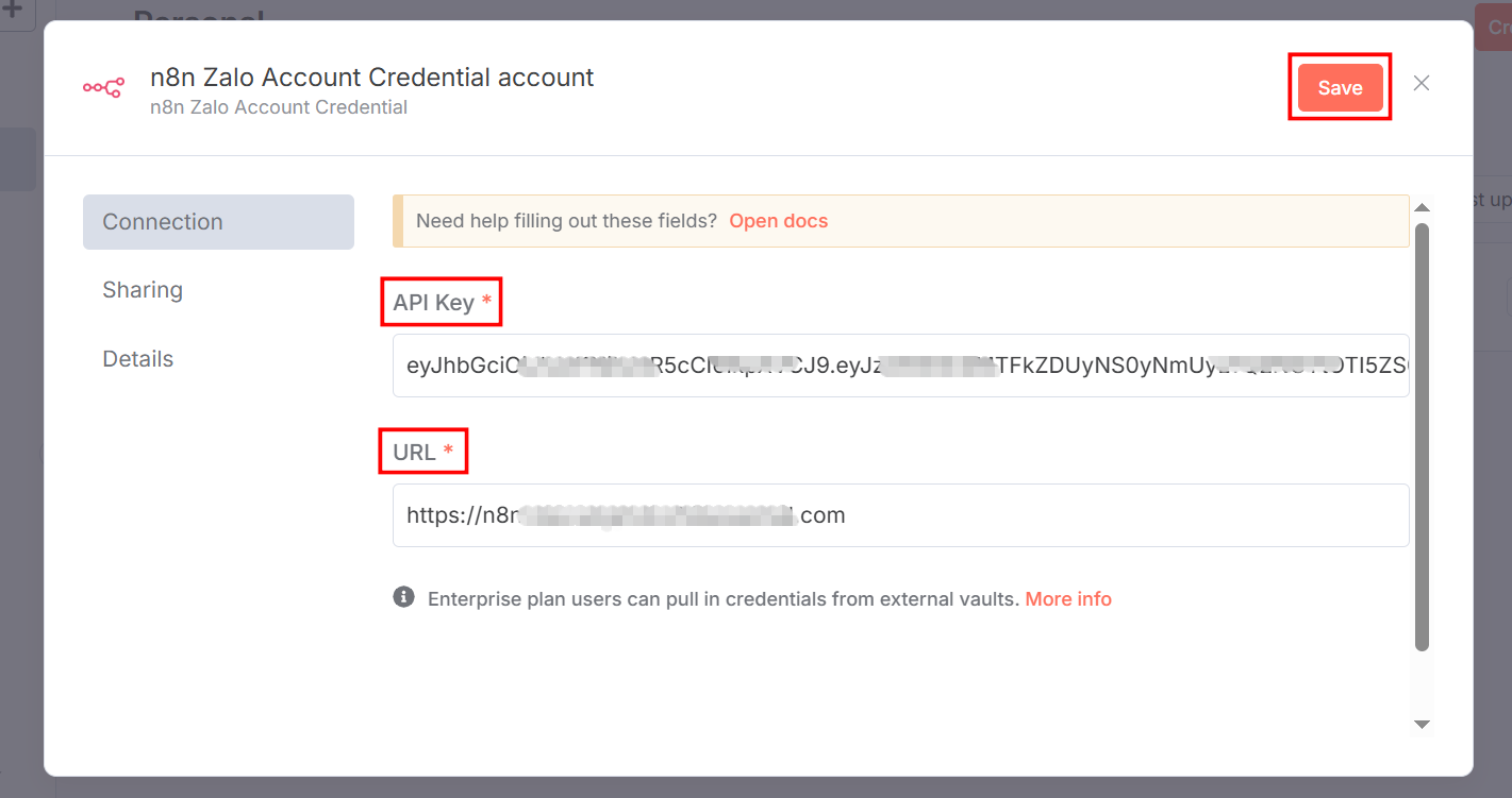 Hướng dẫn tạo Credential Zalo tỏng n8n