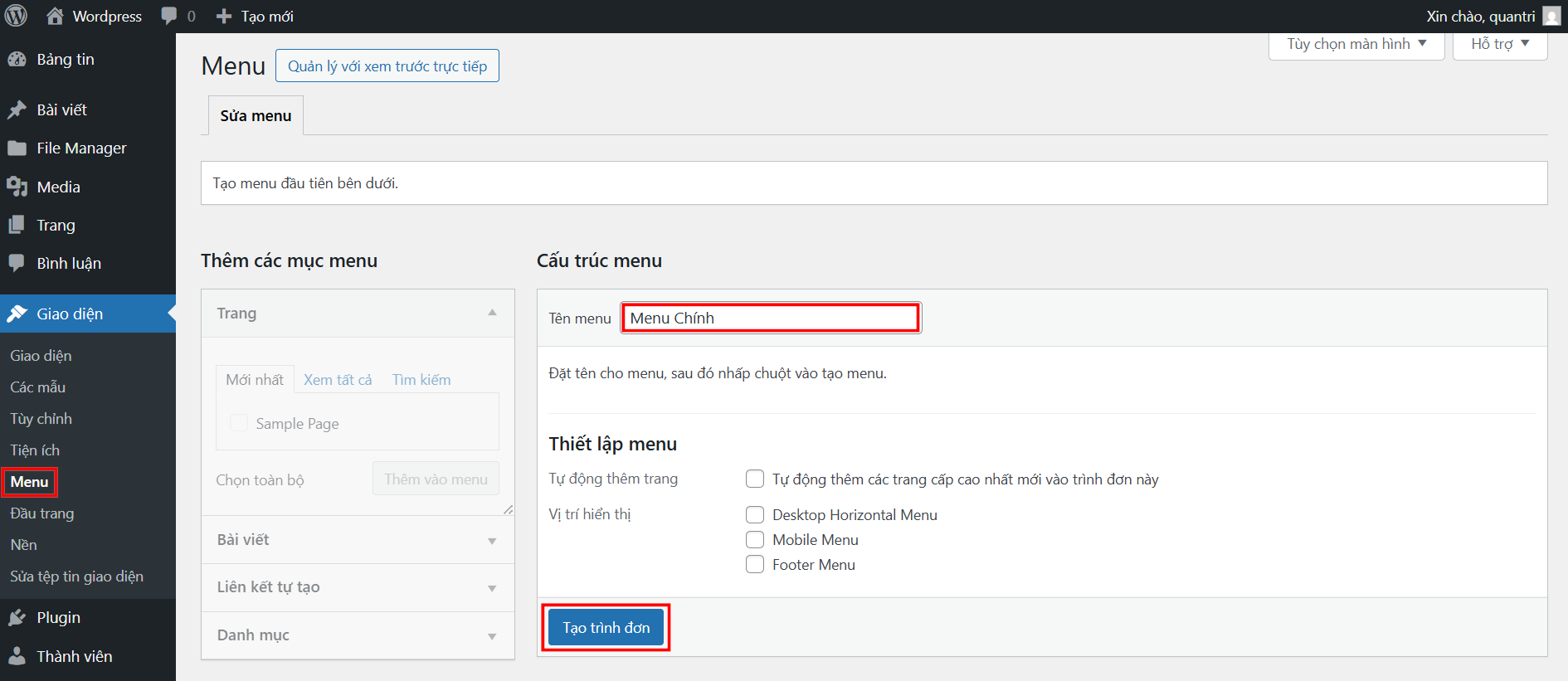 Hướng dẫn tạo menu mới cho website WordPress