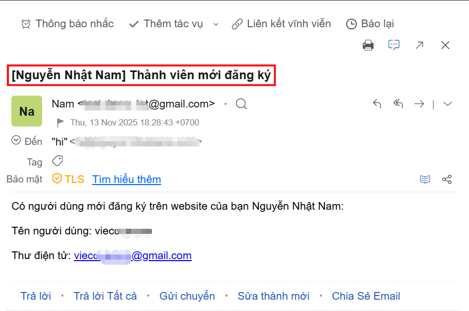 Nhận được email chứng minh cấu hình SMTP đã hoạt động