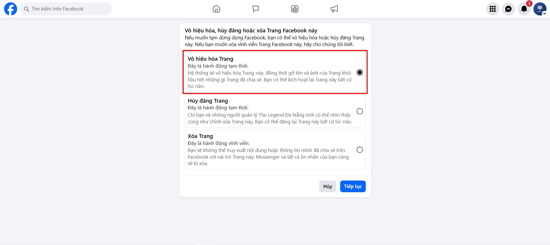Cách vô hiệu hoá trang Fanpage Facebook