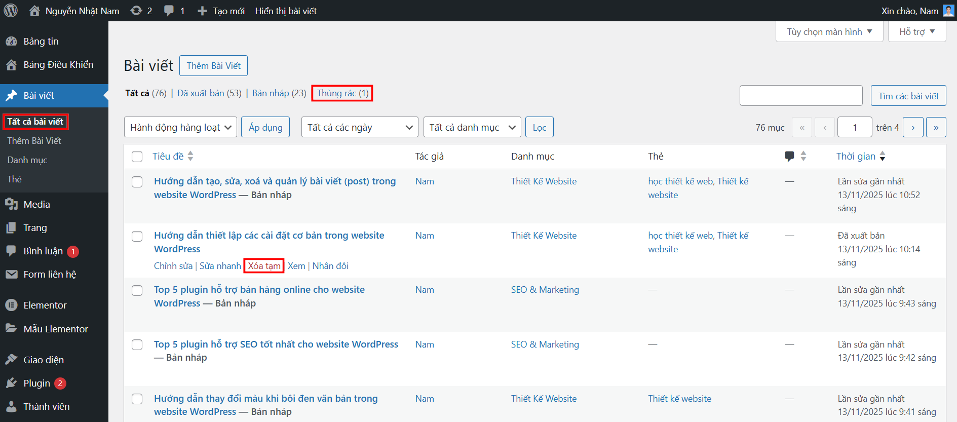 Huong Dan Xoa Bai Viet Trong Website WordPress