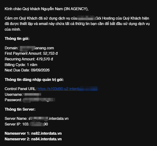 Email xác nhận đăng ký từ nhà cung cấp Hosting