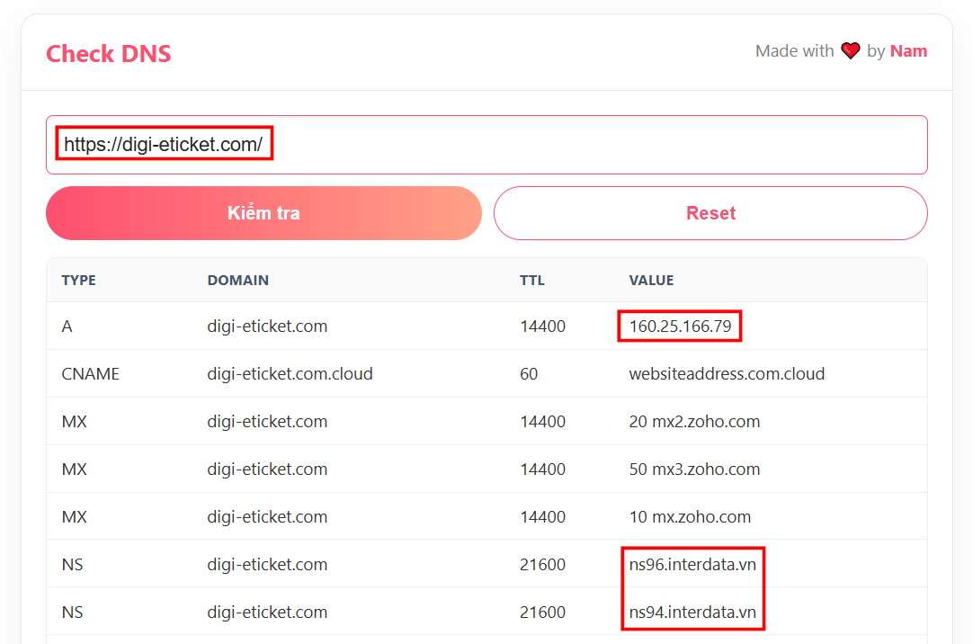 Kết quả kiểm tra Nameserver & IP của tên miền