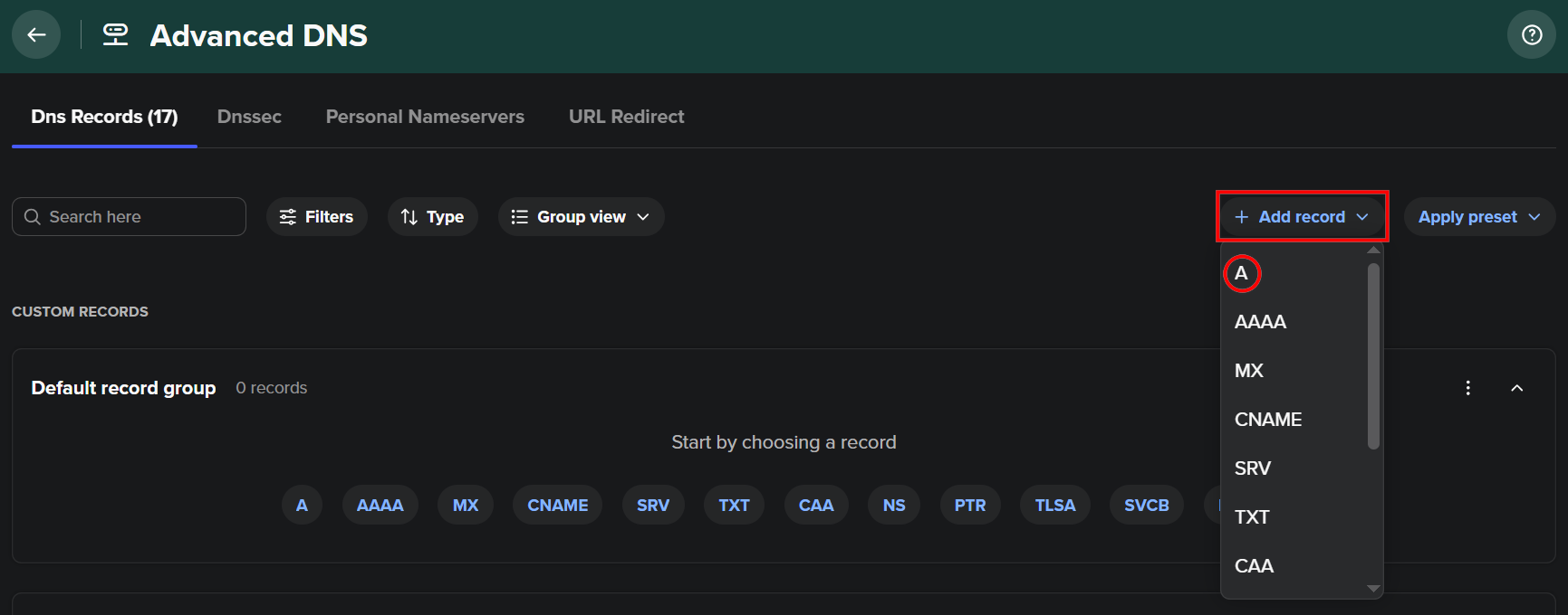 Chọn thêm bản ghi DNS (Add record) loại A