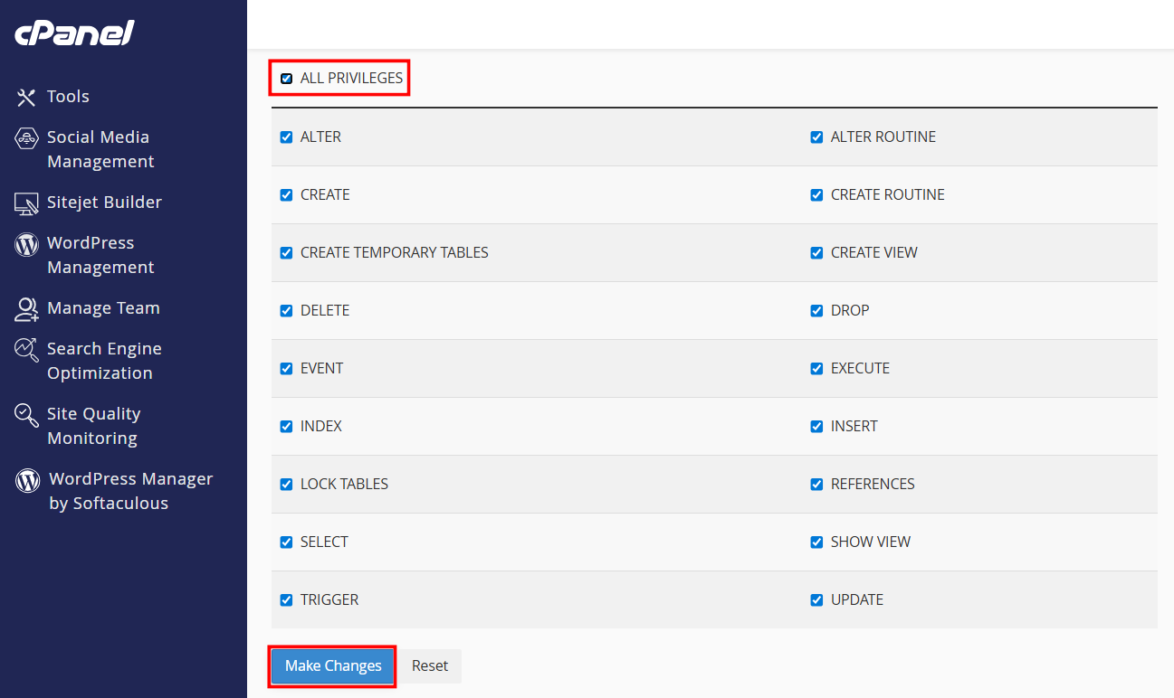 Cấp tất cả các quyền để user kết nối database