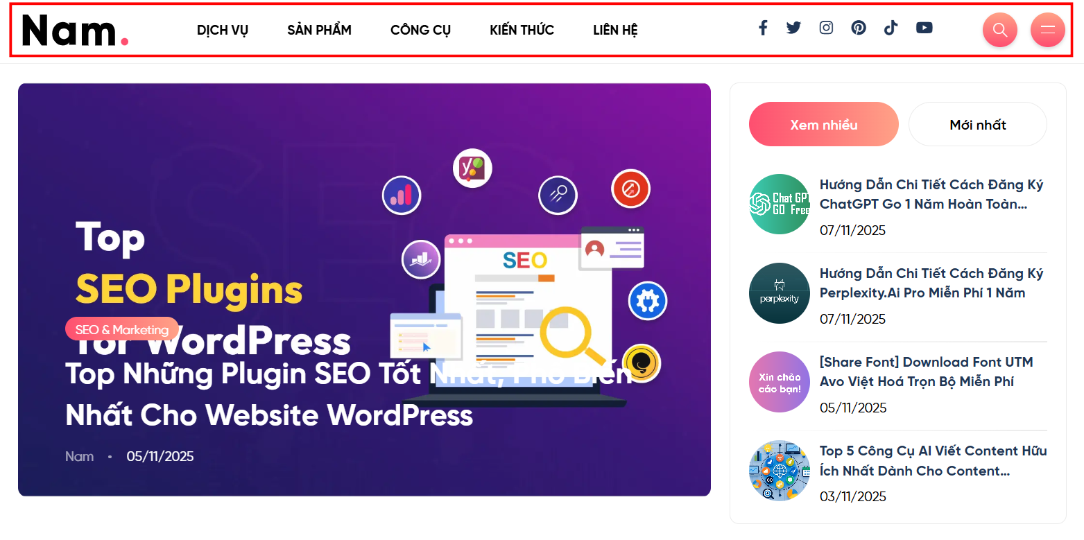 Menu chính (Primary Menu) trong website WordPress