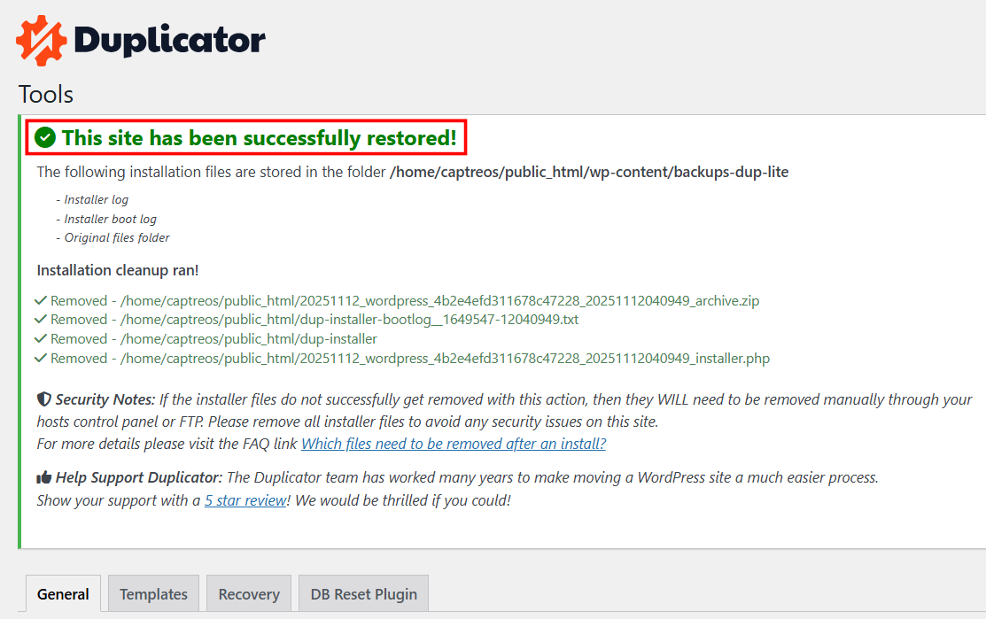 Thông báo cài đặt WordPress thành công