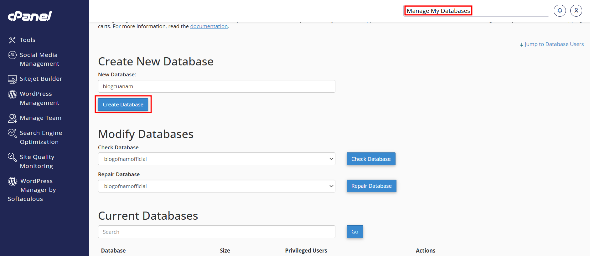 Tạo Database trong cPanel hosting