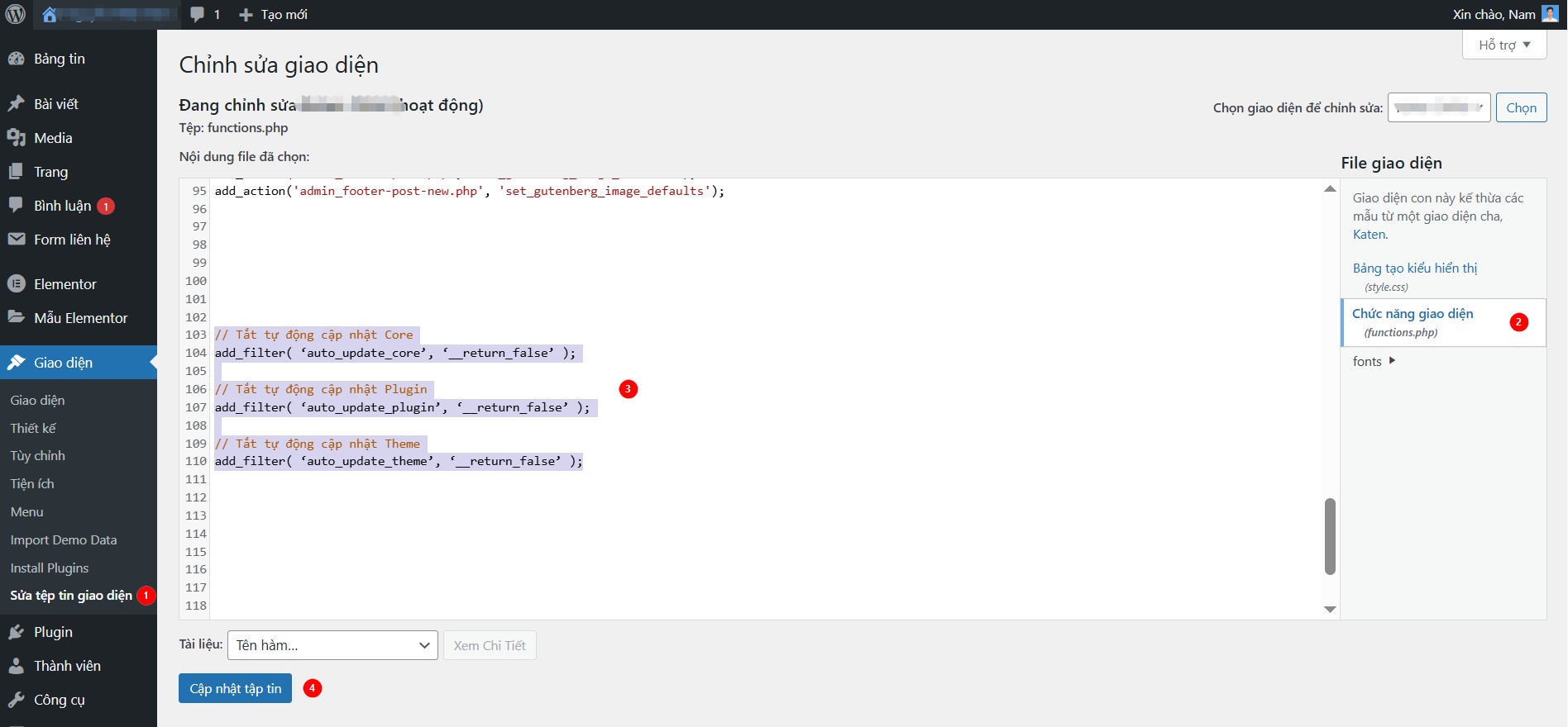 Tắt auto update WordPress qua functions.php