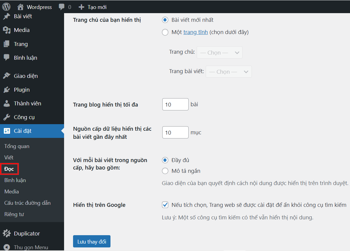 Các thiết lập đọc (Reading Settings) trong WordPress
