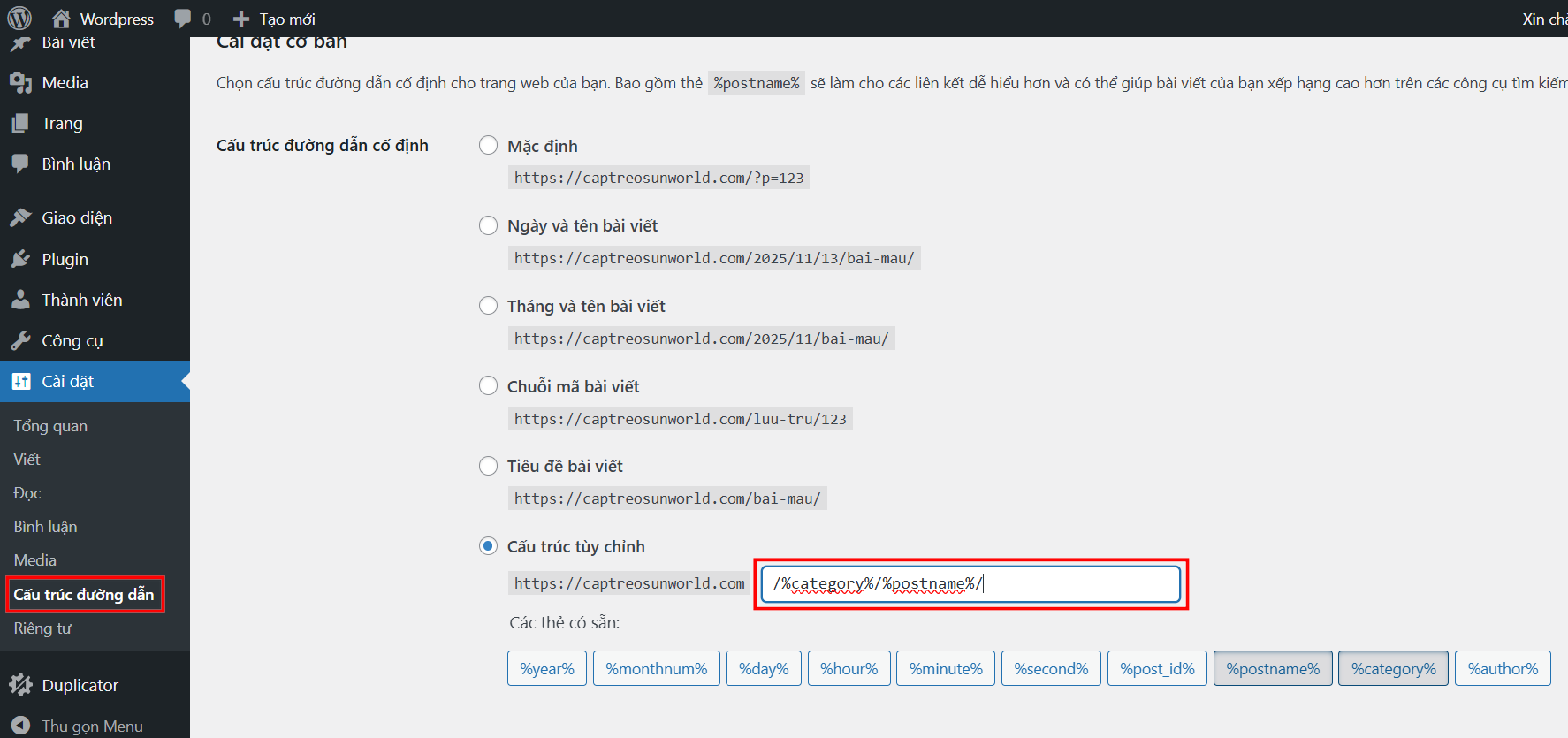 Thiết lập đường dẫn tĩnh (Permalink Settings) trong WordPress