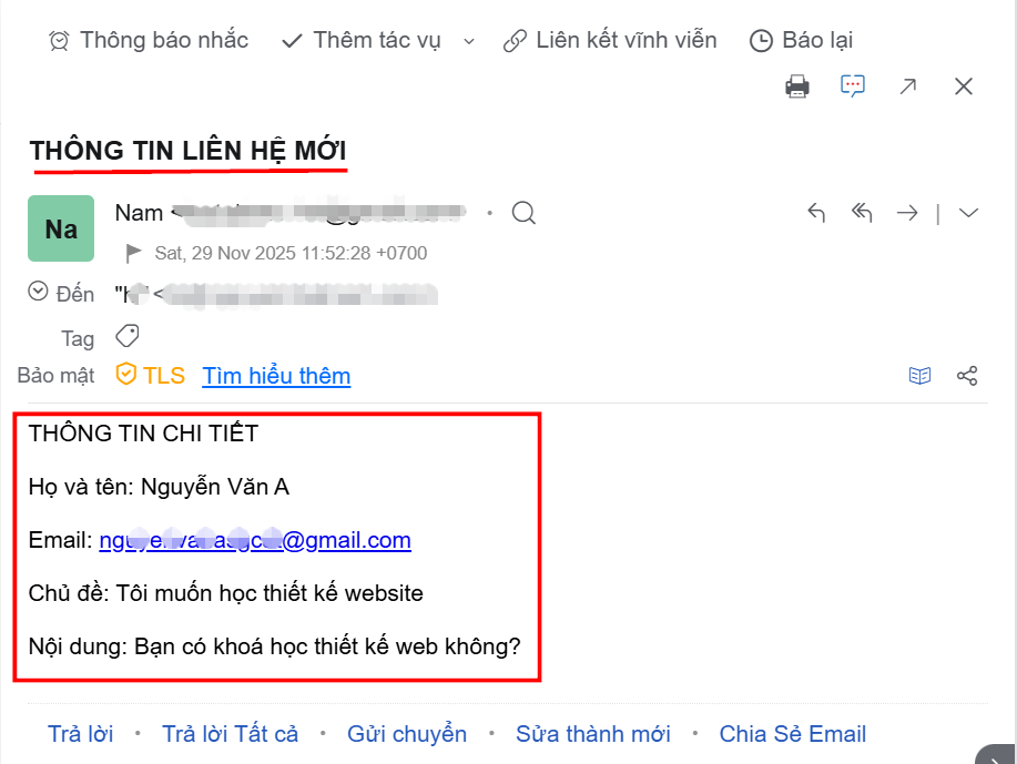 Nội dung email thông báo khi khách điền form