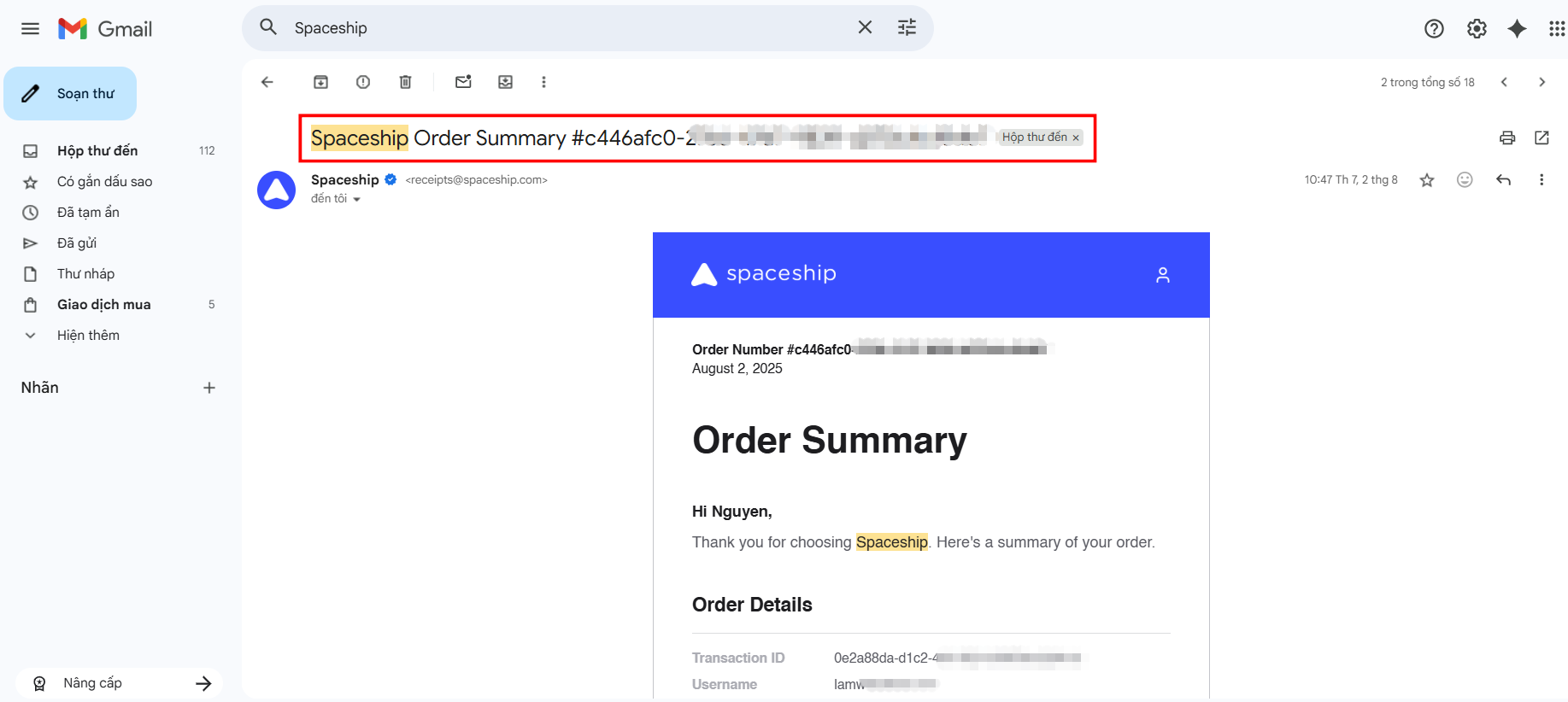 Kết quả đăng ký tên miền tại Spaceship thành công