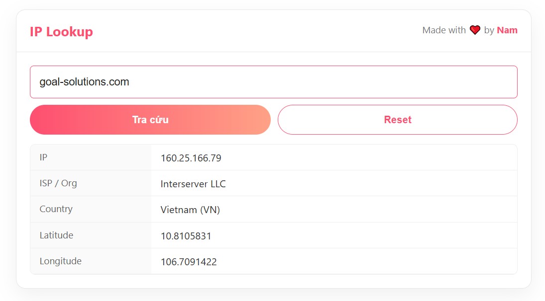 Kết quả kiểm tra Hosting/VPS bằng Check IP Tool