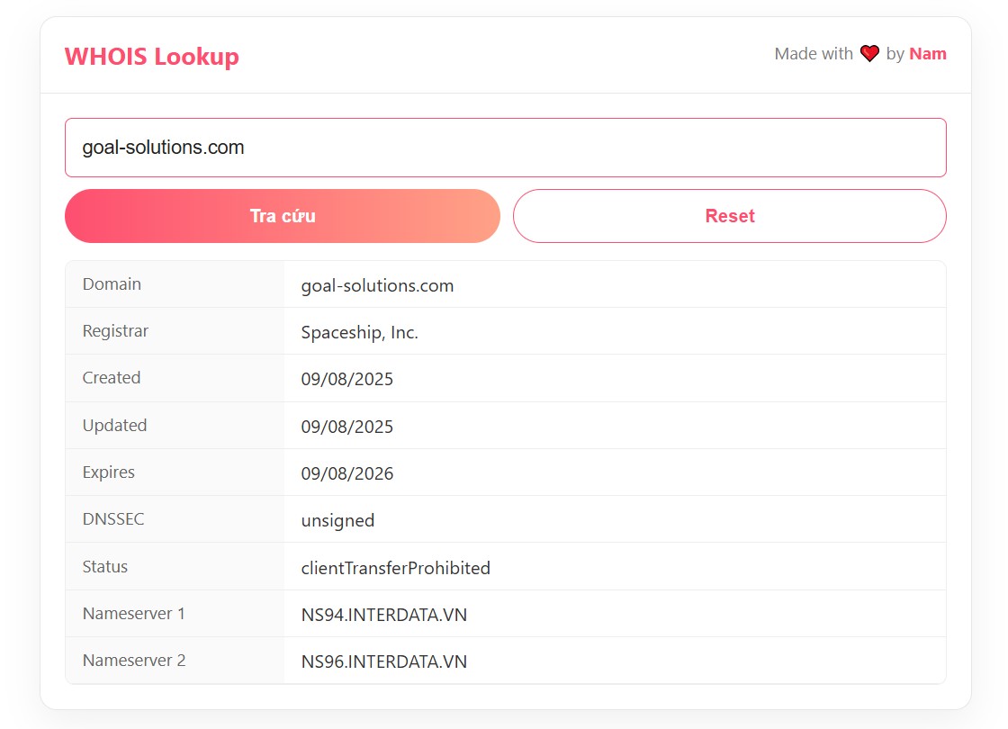 Kết quả tra cứu thông tin tên miền (Whois Lookup)