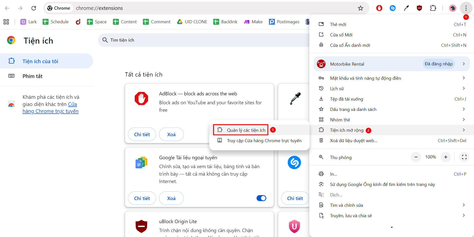 Trang quản lý tiện ích Extension của Chrome