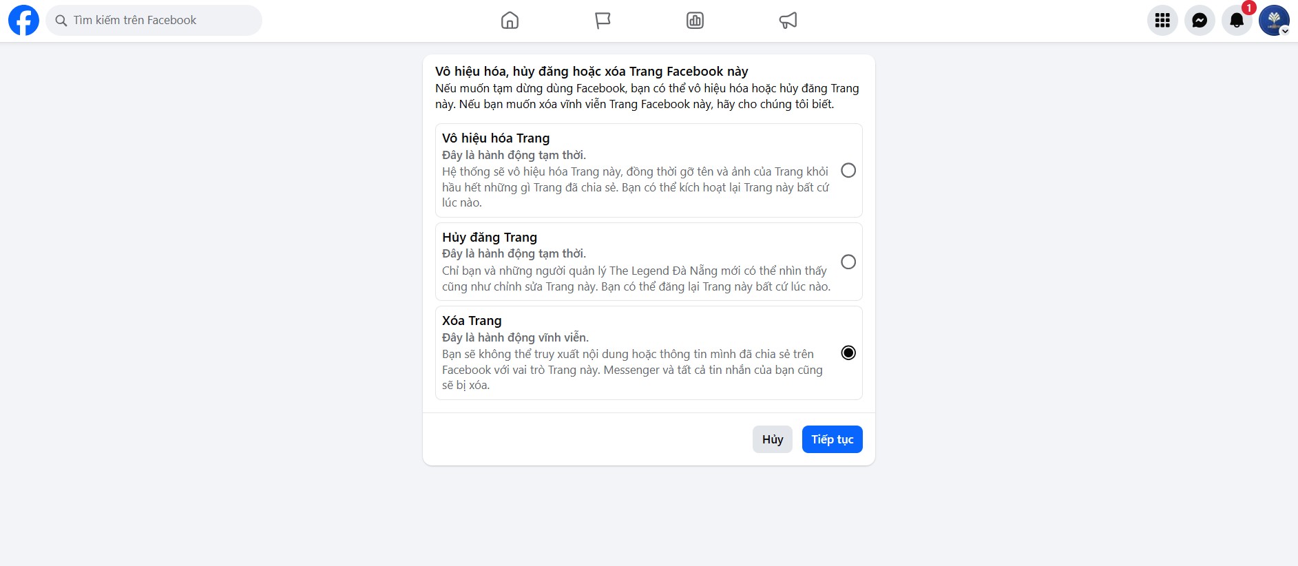 Cách xoá trang Fanpage Facebook mới nhất