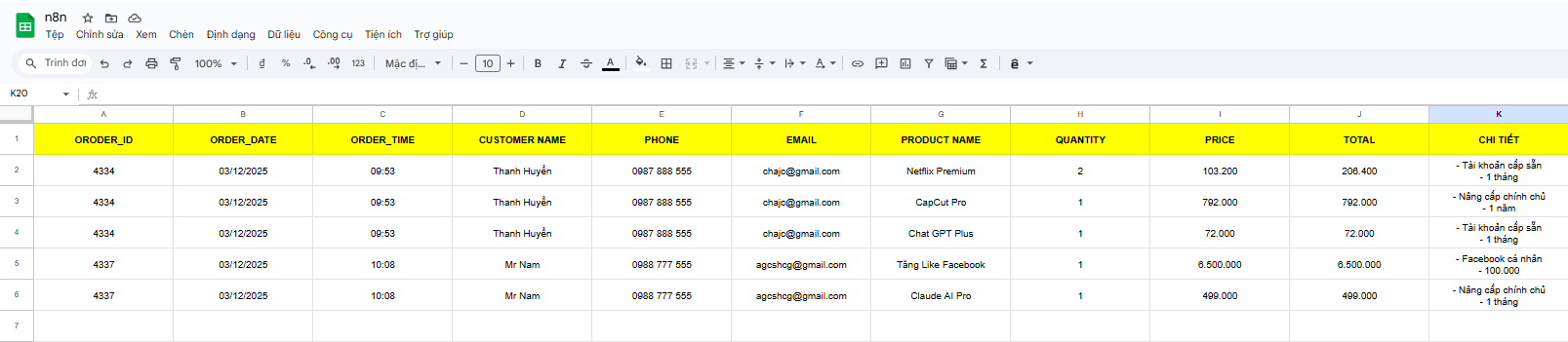 Đồng bộ dữ liệu đơn hàng từ website vào GG Sheet