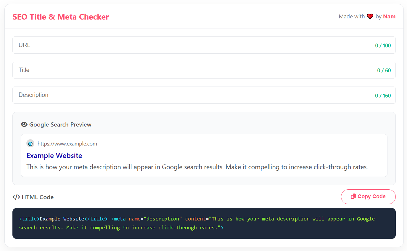 Công cụ SEO Title & Meta Checker by Nam